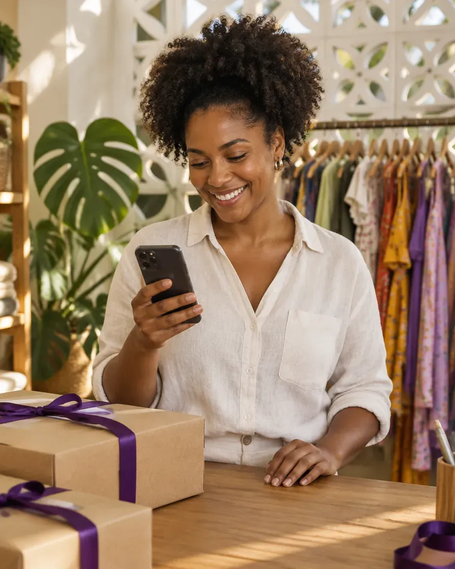 Dona de loja de roupas sorrindo ao ler mensagens de clientes no celular, com pedidos embalados no balcão