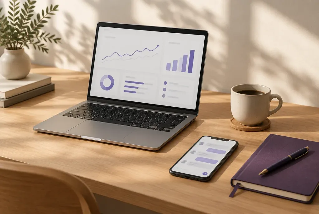 Mesa de trabalho com notebook mostrando gráficos de vendas, celular com conversas e caderno roxo